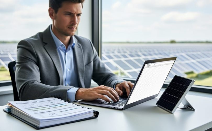 “Analyst reviewing project finance materials for a utility-scale solar project with a small solar panel on the desk and a blurred solar farm in the background.”
