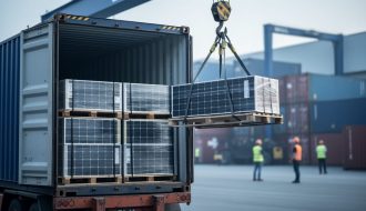 A modern warehouse logistics facility with solar panels loaded from a freight container using a gantry crane, representing coordinated 4PL handling for PV imports.