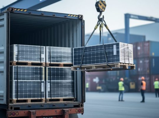 A modern warehouse logistics facility with solar panels loaded from a freight container using a gantry crane, representing coordinated 4PL handling for PV imports.