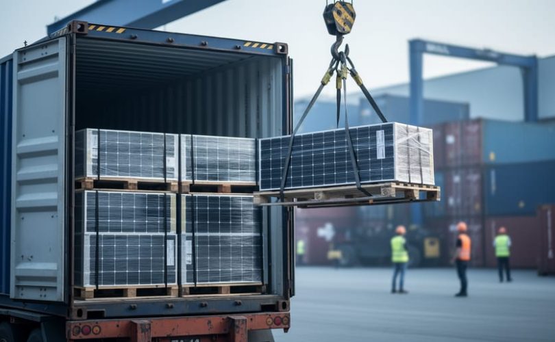 A modern warehouse logistics facility with solar panels loaded from a freight container using a gantry crane, representing coordinated 4PL handling for PV imports.