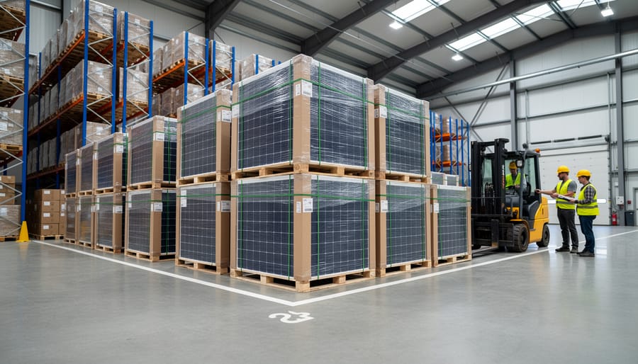 Solar PV modules stacked on pallets inside a warehouse