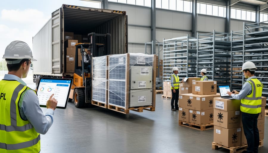 Forklift and palletized solar inverter and PV components in a customs warehouse loading bay