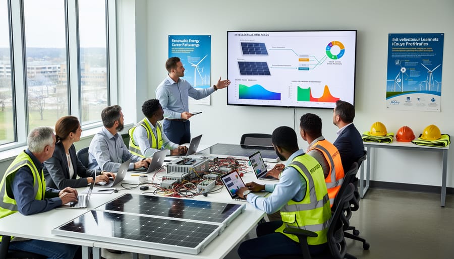 Diverse solar professionals gathered in a training room reviewing solar components together