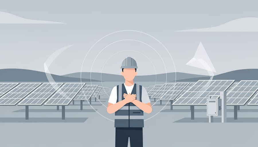 Solar technician sitting near a rooftop solar array with hands clasped in a calm pause