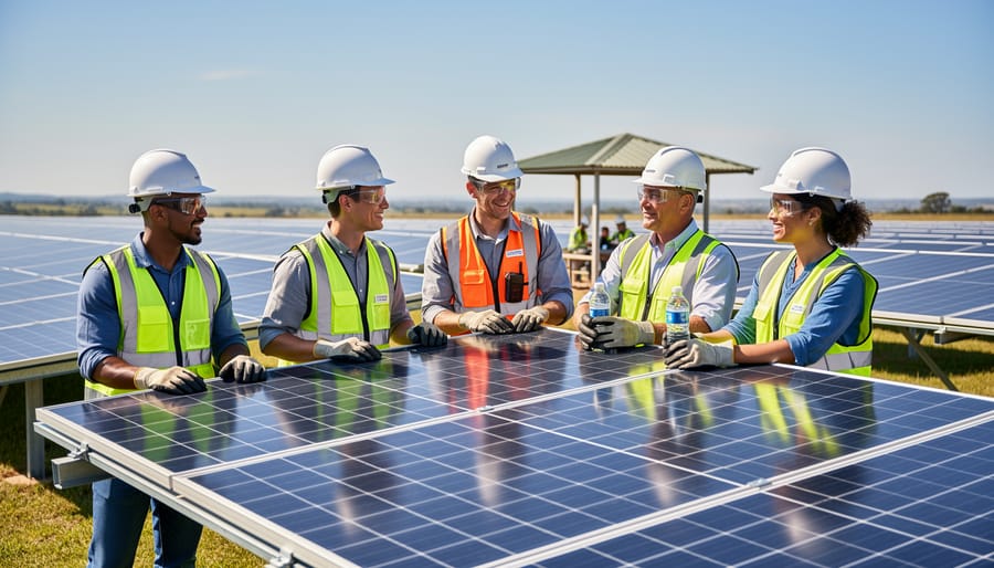 Solar installation team standing in a photovoltaic field while reviewing work near solar panel frames at sunrise