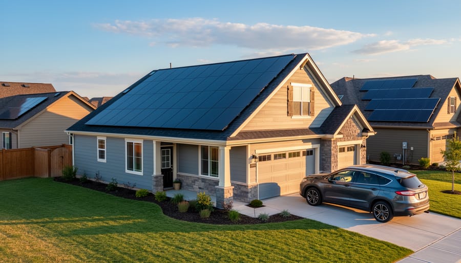 Residential home with rooftop solar panels under late-afternoon sunlight