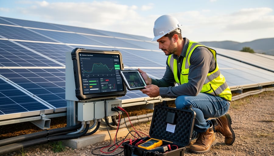 Solar technician examining inverter equipment beside a rooftop PV array
