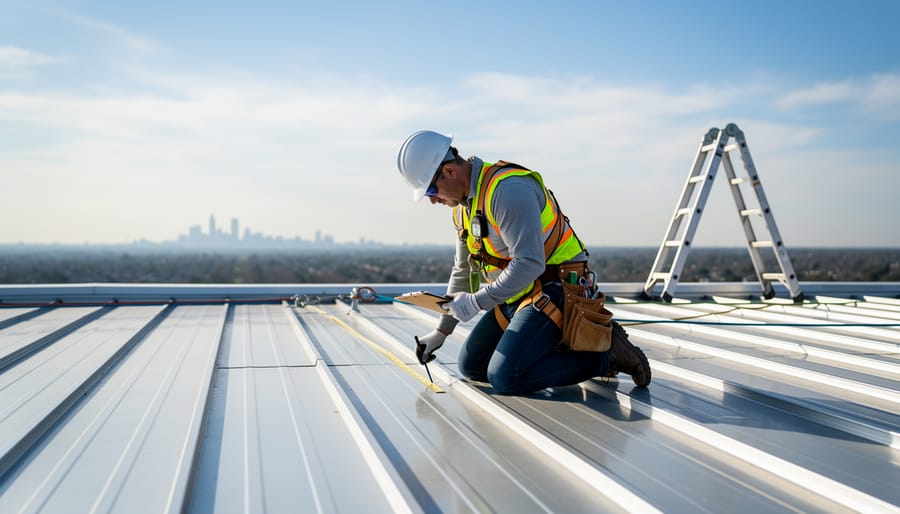 Technician wearing fall protection inspecting a standing-seam rooftop prior to installing solar PV rooftop support
