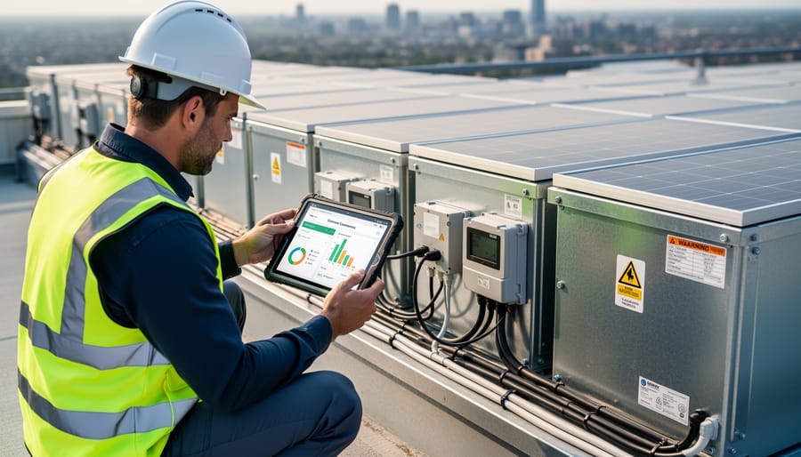 Technician examining solar and battery control components inside an equipment cabinet.