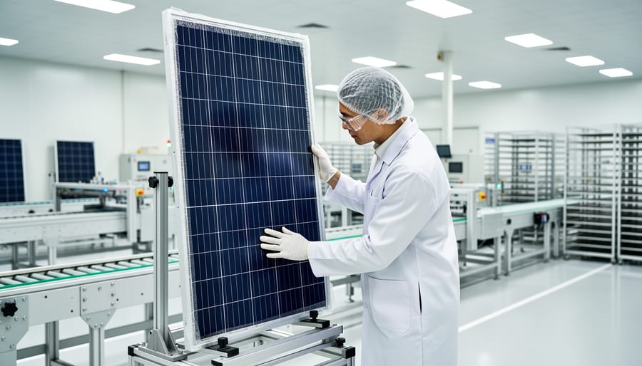 Technicians inspect a partially coated solar panel module in a clean lab environment.