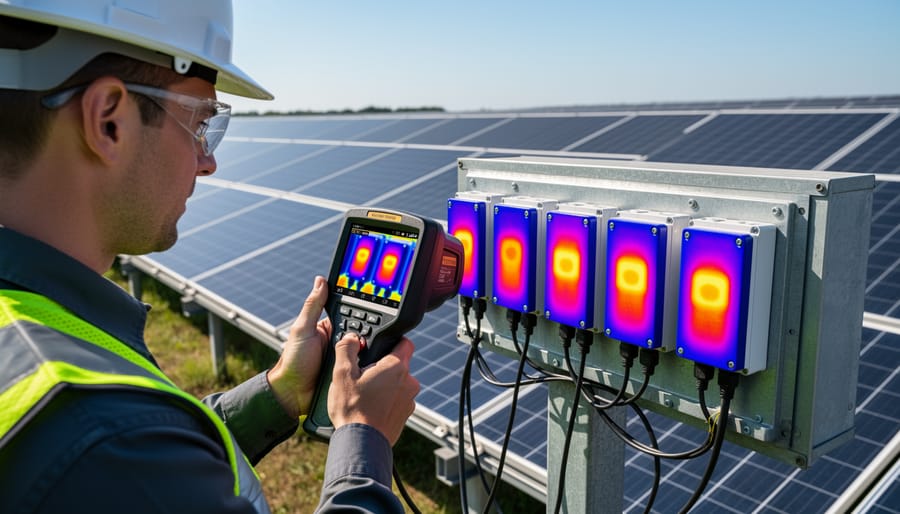 Technician inspecting a solar module junction area with a thermal camera near module-level power electronics
