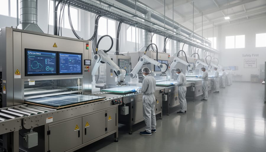 Technician and glass substrate panels in an automated solar module manufacturing facility.