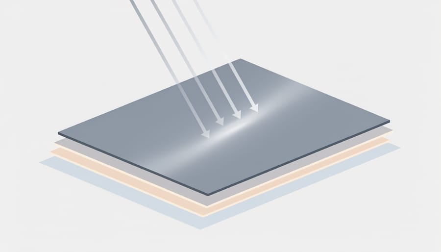 Close view of a reflective surface showing subtle iridescent thin-film-like sheen under side lighting.