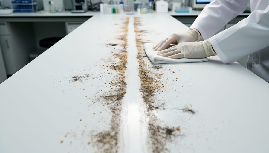 Close-up of uneven dirt and debris on a photovoltaic panel surface