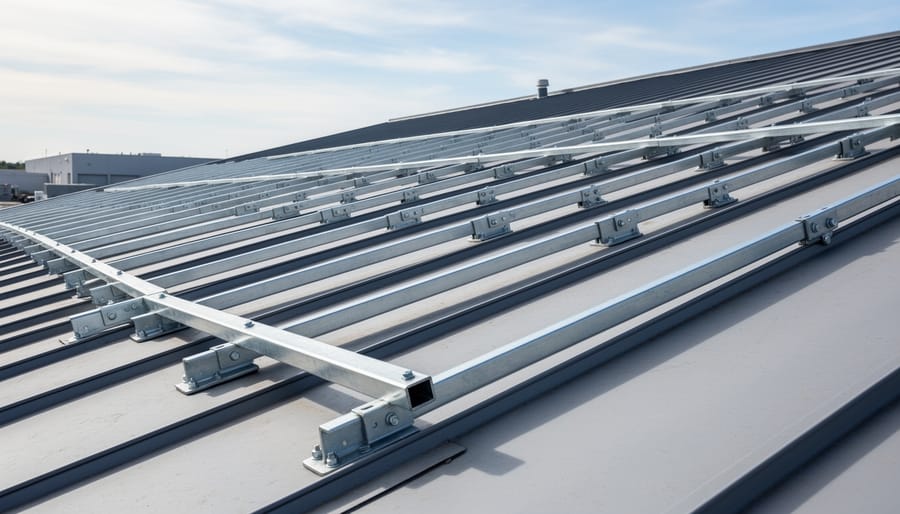 Unistrut rails mounted on a rooftop supporting solar PV array framework across multiple roofclamp locations
