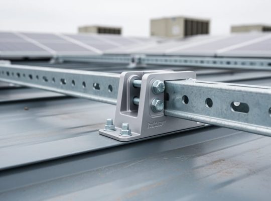Aluminum Roofclamp™ bracket clamping onto a standing-seam metal roof with Unistrut-style framing supporting a solar PV array, shown in sharp detail on a commercial rooftop.