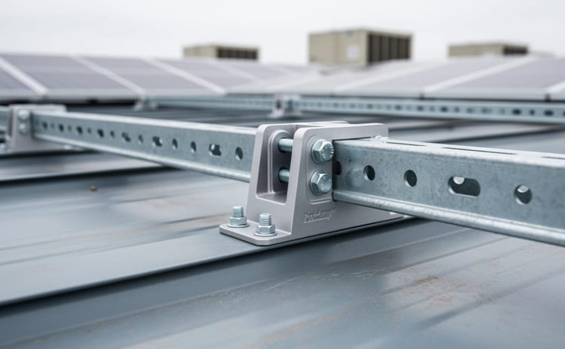 Aluminum Roofclamp™ bracket clamping onto a standing-seam metal roof with Unistrut-style framing supporting a solar PV array, shown in sharp detail on a commercial rooftop.