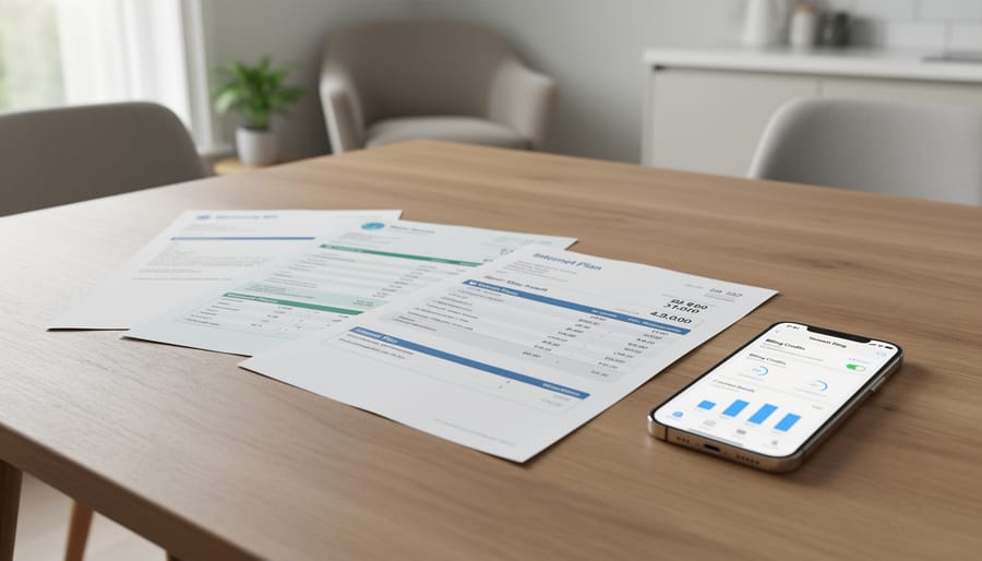 Utility documents and a smartphone on a kitchen table representing bill-related solar subscription review