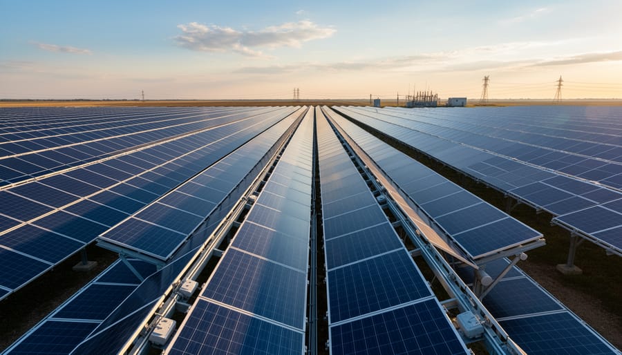 Wide view of a utility-scale solar farm with sunlight reflecting off solar panels at dusk