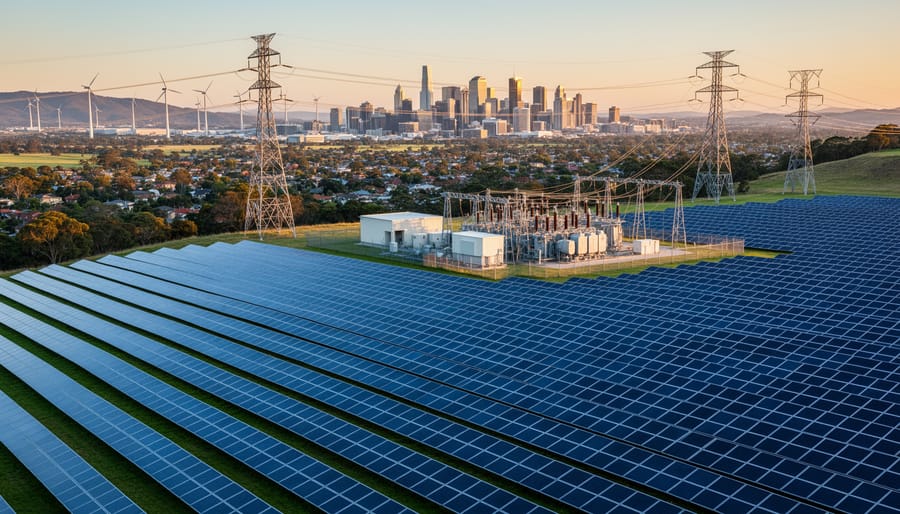 Large-scale solar farm with tracking panels in bright sunlight and distant energy infrastructure