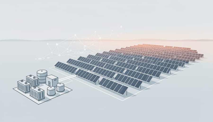 Utility-scale solar farm with visible battery storage containers during golden hour.