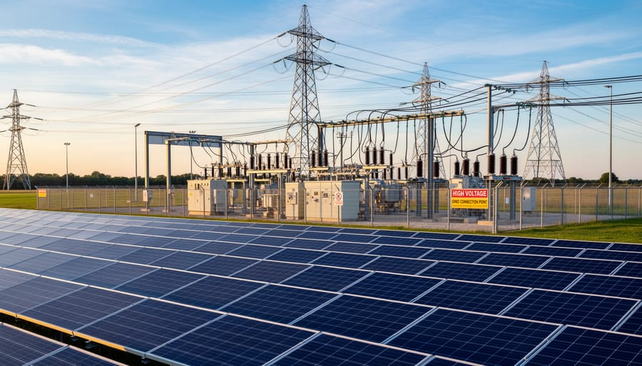 Utility electrical substation hardware at dusk with transformers and power equipment