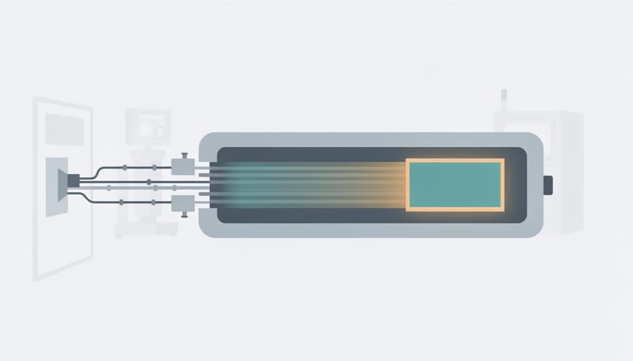 Inside view of industrial vapor deposition equipment used for thin-film solar manufacturing.