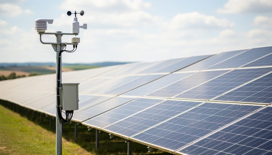 Weather station sensors next to a PV test array during golden hour