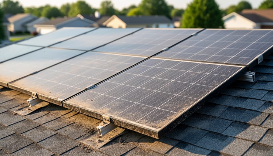 Weathered solar panels on a rooftop with subtle signs of long-term exposure
