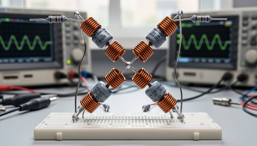 Lab bench close-up of inductors and capacitors arranged in a symmetric X-like layout
