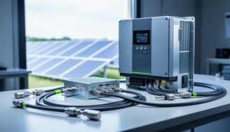 Modern photovoltaic inverter power module with compact circuit components on a clean workbench, with blurred solar panels in the background.