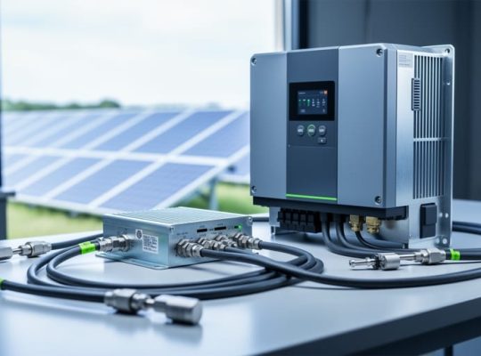 Modern photovoltaic inverter power module with compact circuit components on a clean workbench, with blurred solar panels in the background.