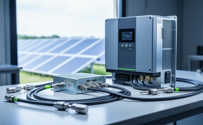 Modern photovoltaic inverter power module with compact circuit components on a clean workbench, with blurred solar panels in the background.