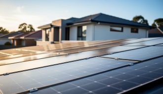 Rooftop solar panels installed on a modern suburban home exterior during golden hour sunlight.