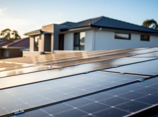 Rooftop solar panels installed on a modern suburban home exterior during golden hour sunlight.