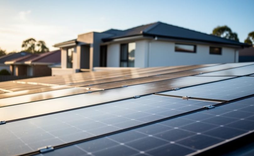 Rooftop solar panels installed on a modern suburban home exterior during golden hour sunlight.