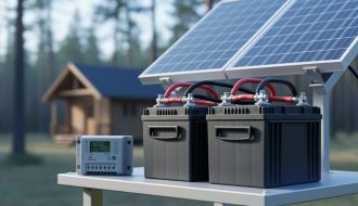 Two 6-volt deep-cycle batteries connected in an off-grid solar setup beside a solar charge controller and part of a photovoltaic panel, outdoors.