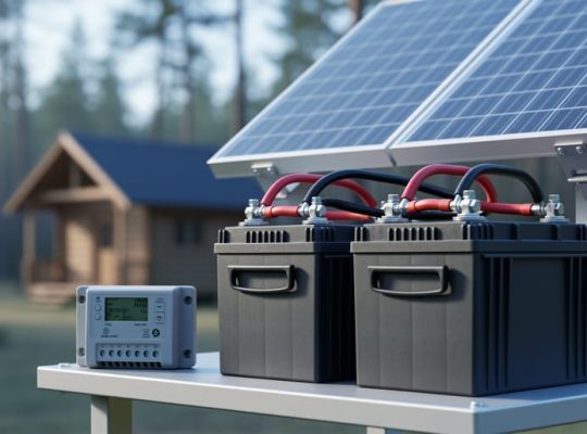 Two 6-volt deep-cycle batteries connected in an off-grid solar setup beside a solar charge controller and part of a photovoltaic panel, outdoors.