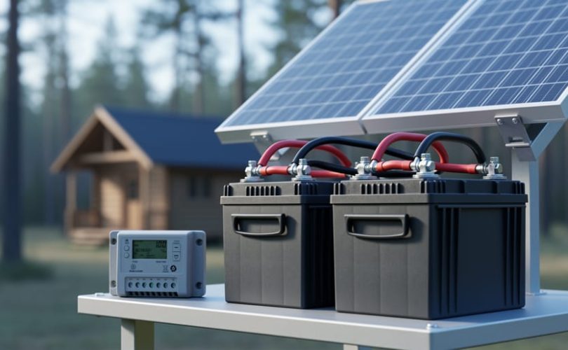 Two 6-volt deep-cycle batteries connected in an off-grid solar setup beside a solar charge controller and part of a photovoltaic panel, outdoors.