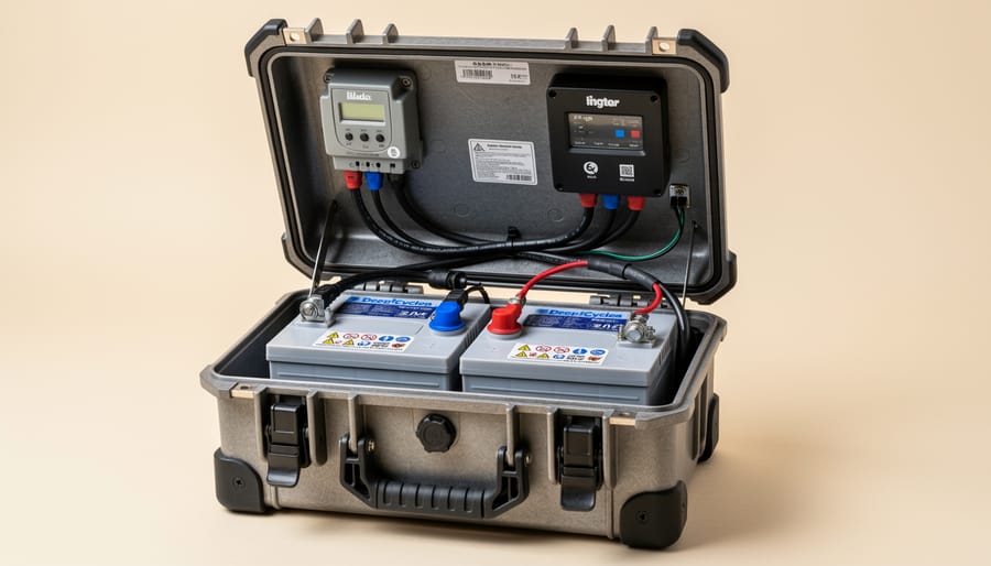 Two deep-cycle 6V solar batteries installed in a ventilated outdoor battery box with insulated cables.