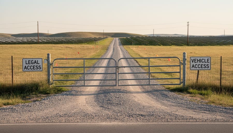 Truck near a rural gate and driveway showing access constraints to a property