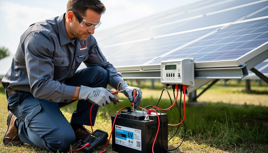 Close-up of a technician's multimeter probe contacting a battery terminal during solar system maintenance.