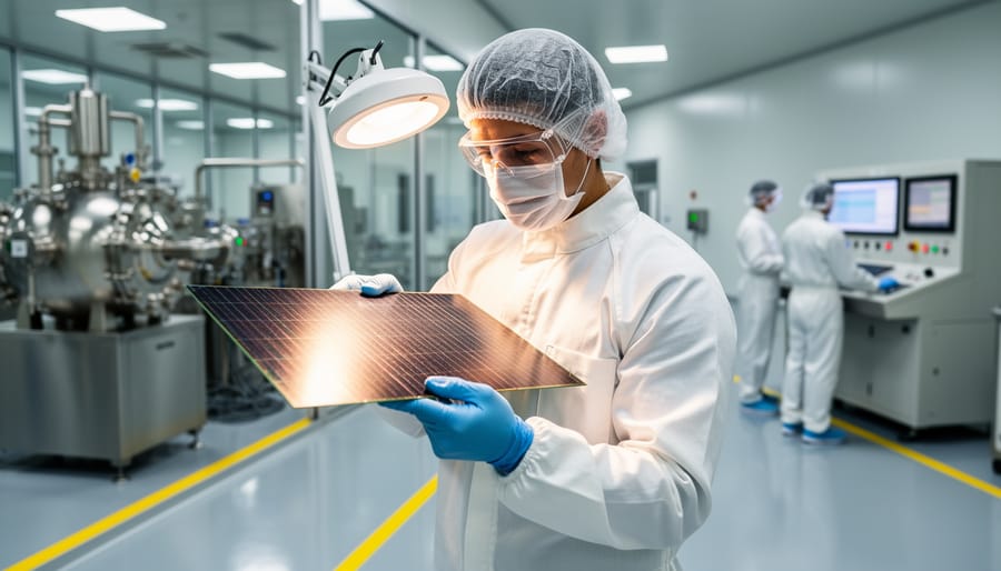 Researcher wearing protective gear inspecting a solar cell module inside a cleanroom.