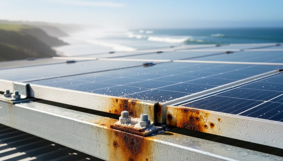 Solar panel array on a roof in a misty coastal environment with visible mounting frames