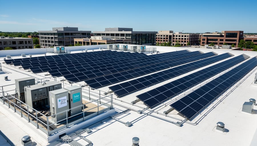 Solar panels installed on a commercial building rooftop under an overcast sky