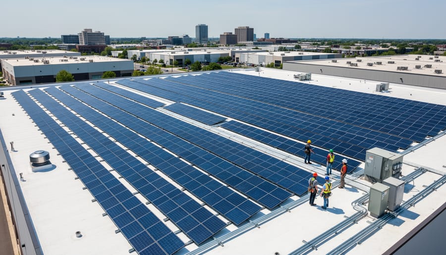 Commercial rooftop with solar panels under soft daylight