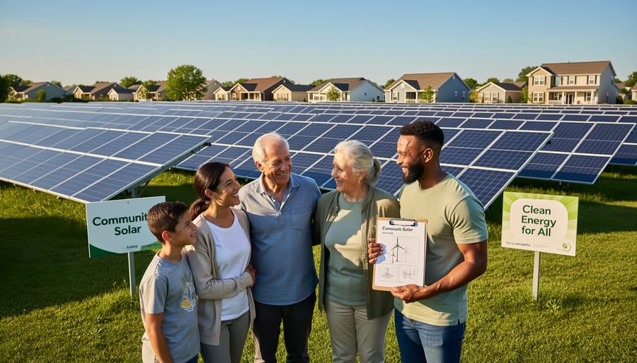 Diverse community members standing together near a community solar array at golden hour
