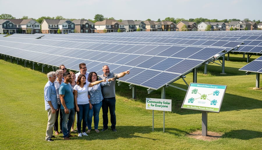 Ground-mounted community solar panels in a sunny field with trees and fencing in the background