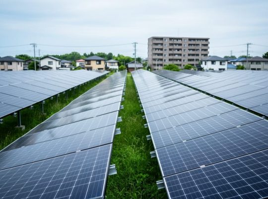 Solar panels in a community solar farm with nearby homes and an apartment building in the background under an overcast sky.
