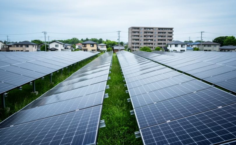 Solar panels in a community solar farm with nearby homes and an apartment building in the background under an overcast sky.